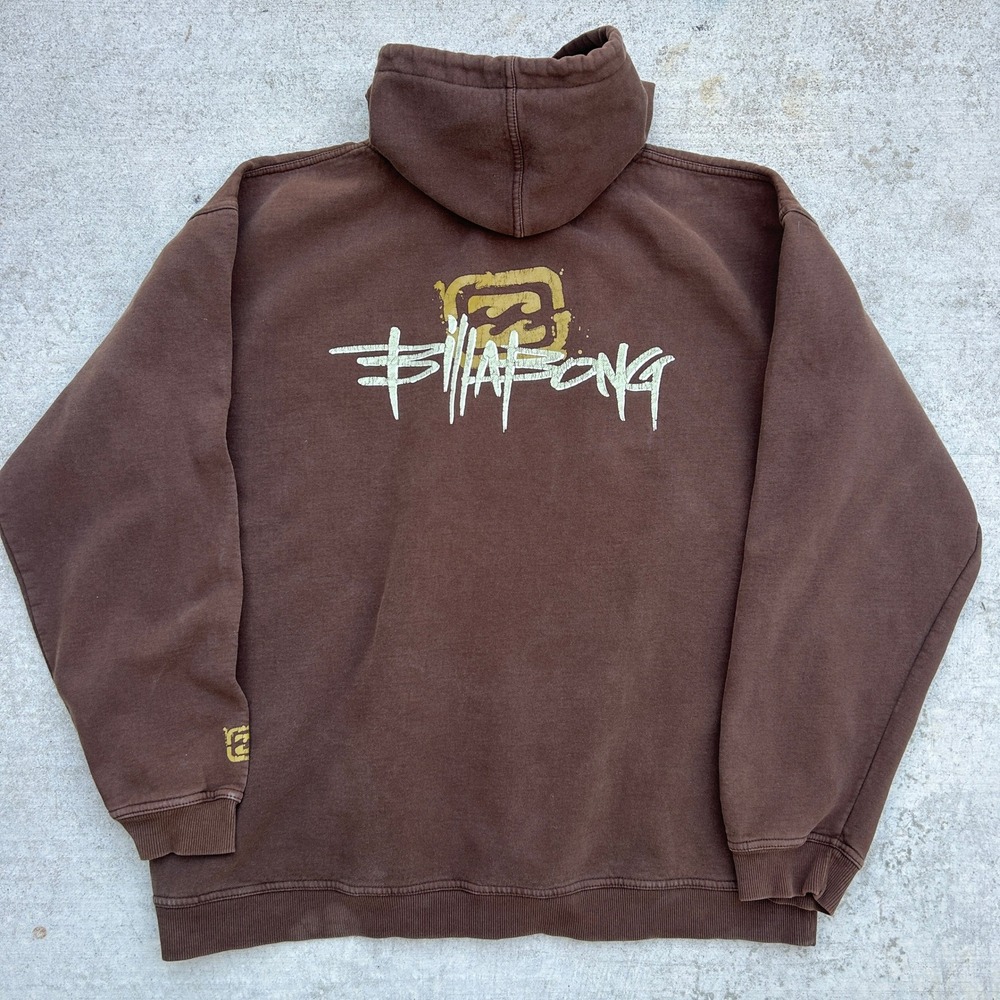 Billabong Hoodie Mens Large Mocha Brown Vintage Y2K Skater Center Logo 90s